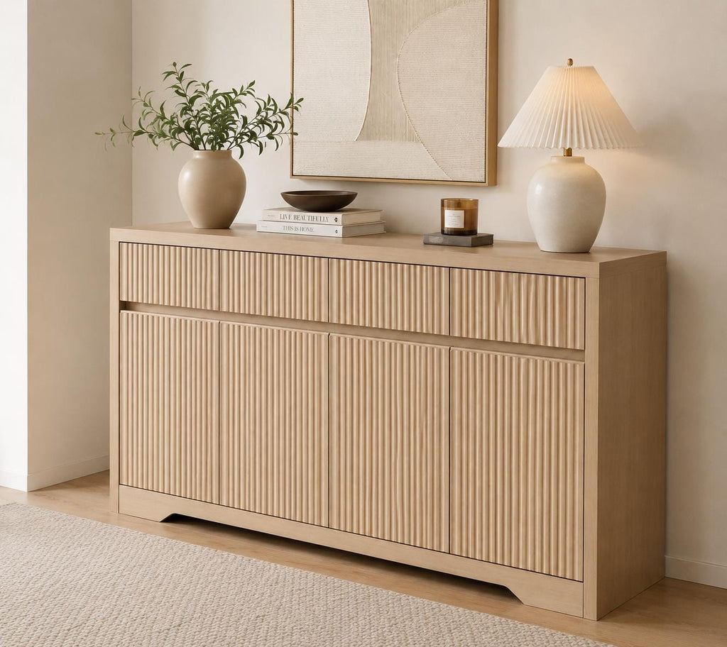 57'' Fluted Buffet Cabinet with Storage – Modern Sideboard Credenza with 3 Drawers & 4 Doors