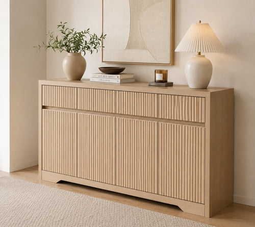 57'' Fluted Buffet Cabinet with Storage – Modern Sideboard Credenza with 3 Drawers & 4 Doors