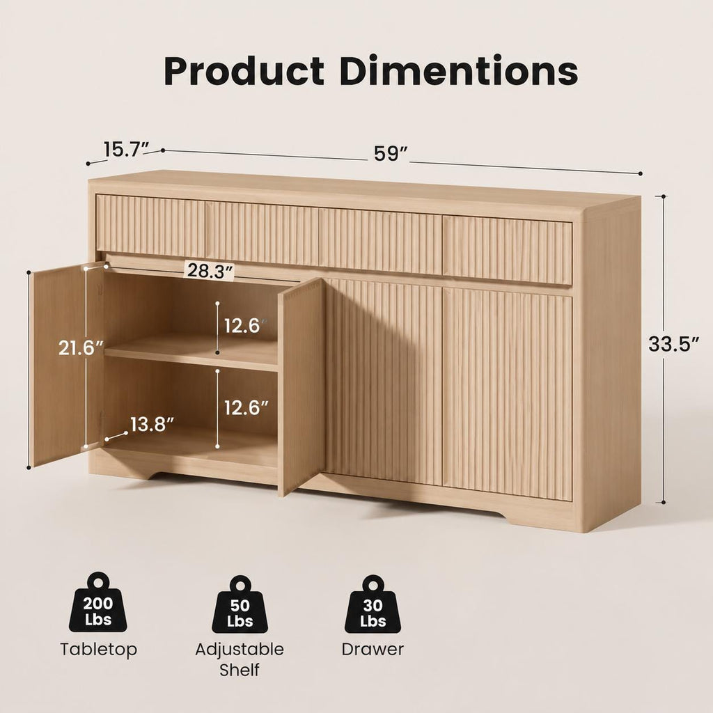 57'' Fluted Buffet Cabinet with Storage – Modern Sideboard Credenza with 3 Drawers & 4 Doors