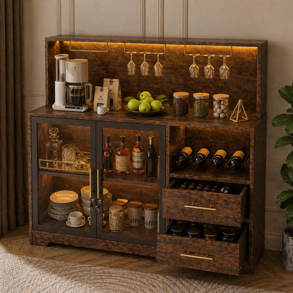Modern Rustic LED Bar Cabinet with Power Outlets, Wine Rack & Glass Holder