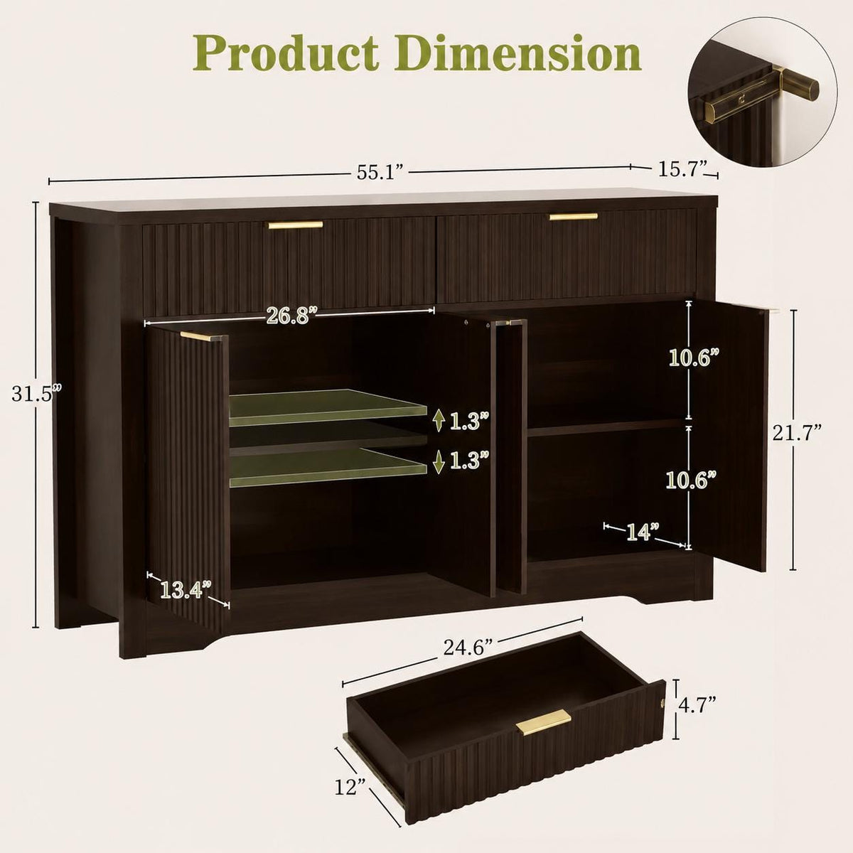 55.1" Fluted Buffet Cabinet with Storage, Modern Black Walnut Sideboard Credenza with 3 Drawers & Adjustable Shelves