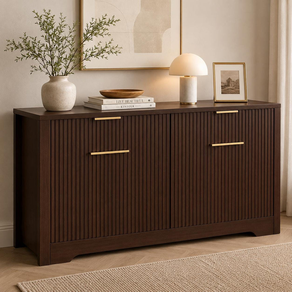 55.1" Fluted Buffet Cabinet with Storage, Modern Black Walnut Sideboard Credenza with 3 Drawers & Adjustable Shelves