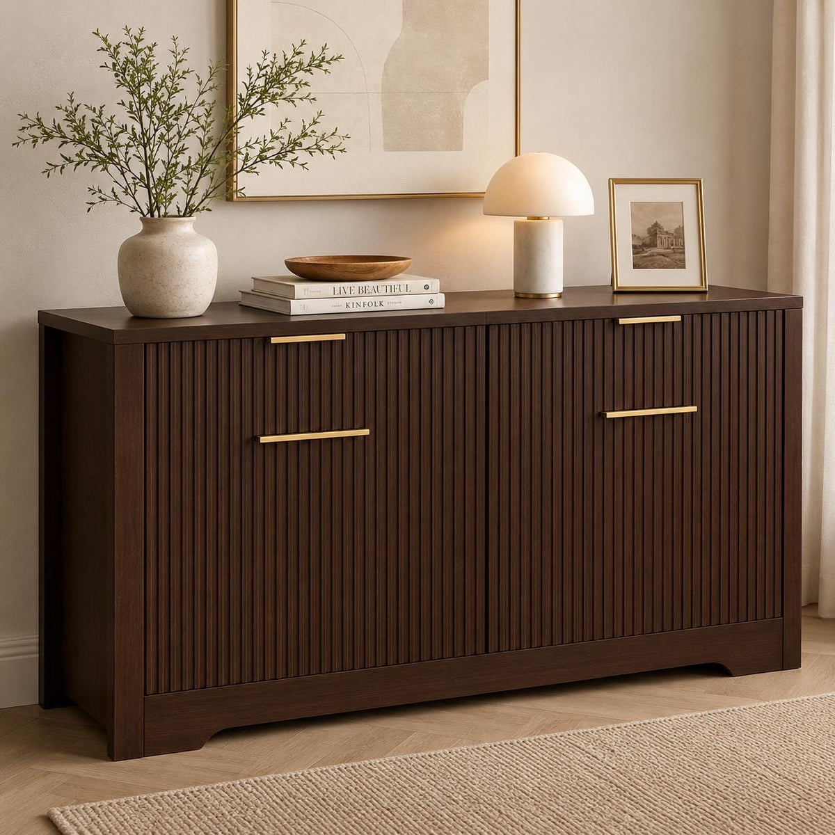 55.1" Fluted Buffet Cabinet with Storage, Modern Black Walnut Sideboard Credenza with 3 Drawers & Adjustable Shelves