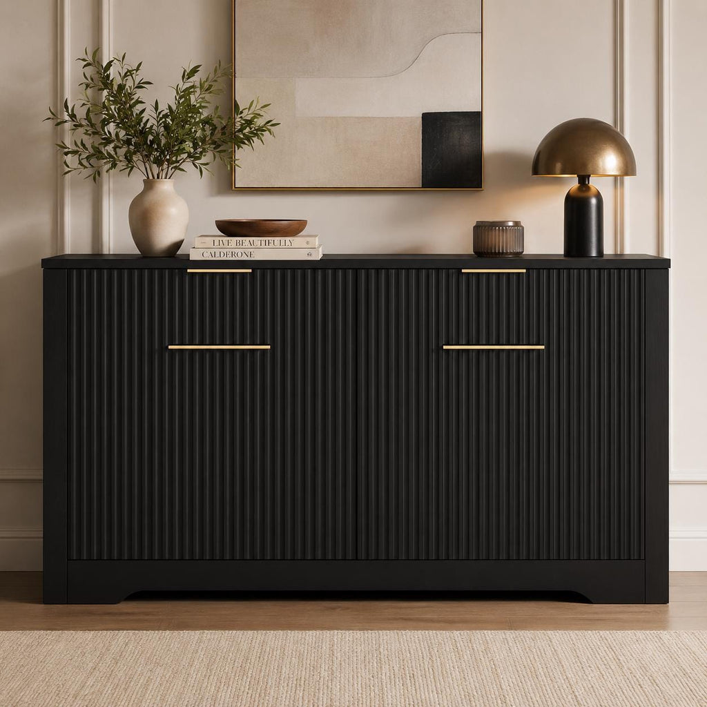 55.1" Fluted Buffet Cabinet with Storage, Modern Black Walnut Sideboard Credenza with 3 Drawers & Adjustable Shelves