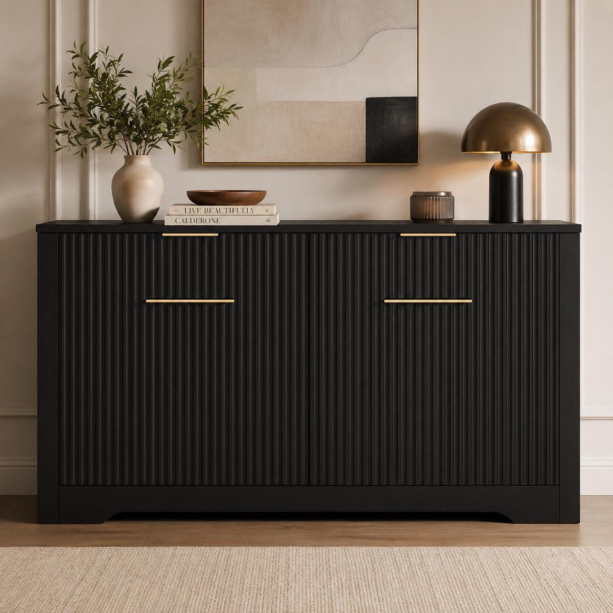 55.1" Fluted Buffet Cabinet with Storage, Modern Black Walnut Sideboard Credenza with 3 Drawers & Adjustable Shelves