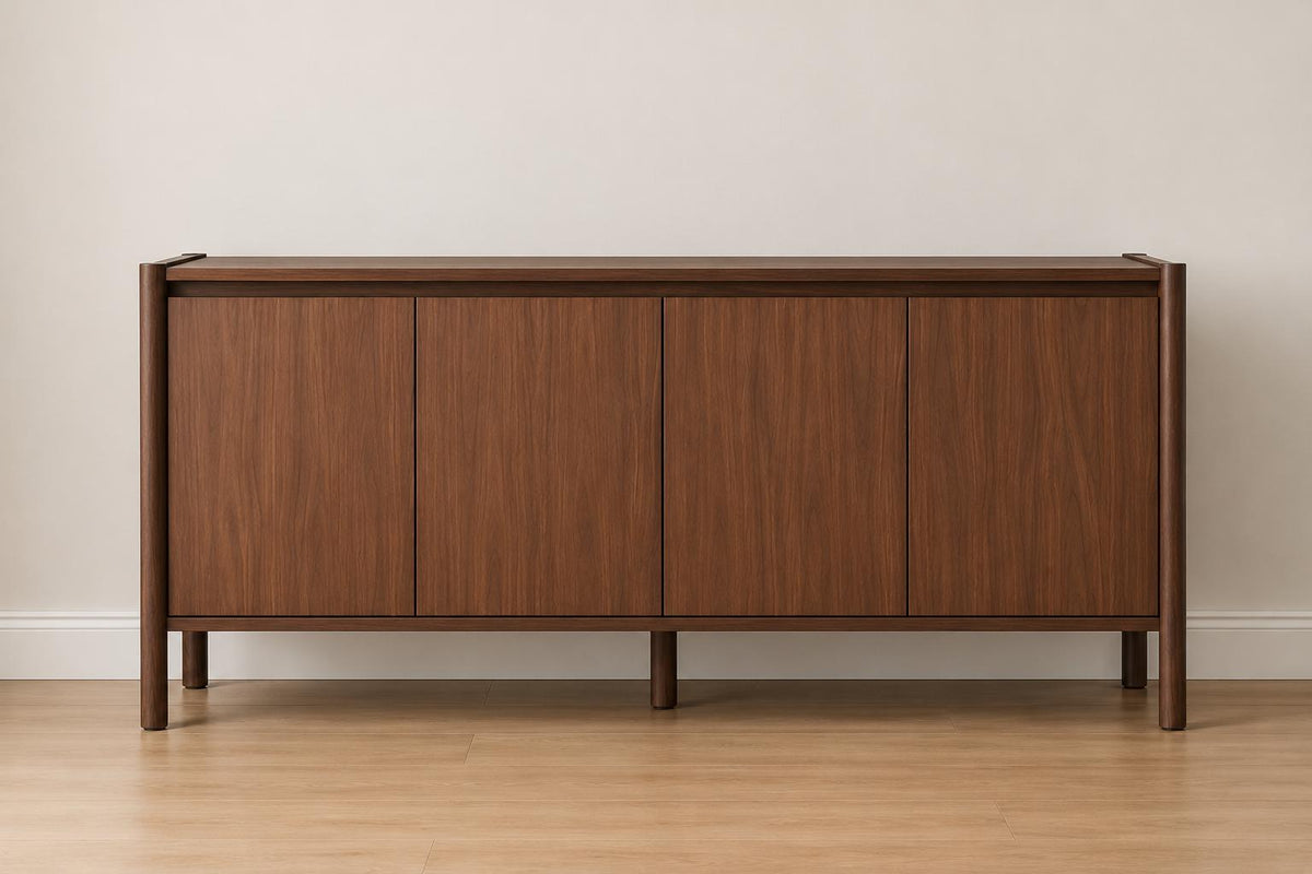 59" Wide Walnut Buffet Cabinet with Storage, Mid Century Modern Sideboard Cabinet with 4 Doors & Adjustable Shelves