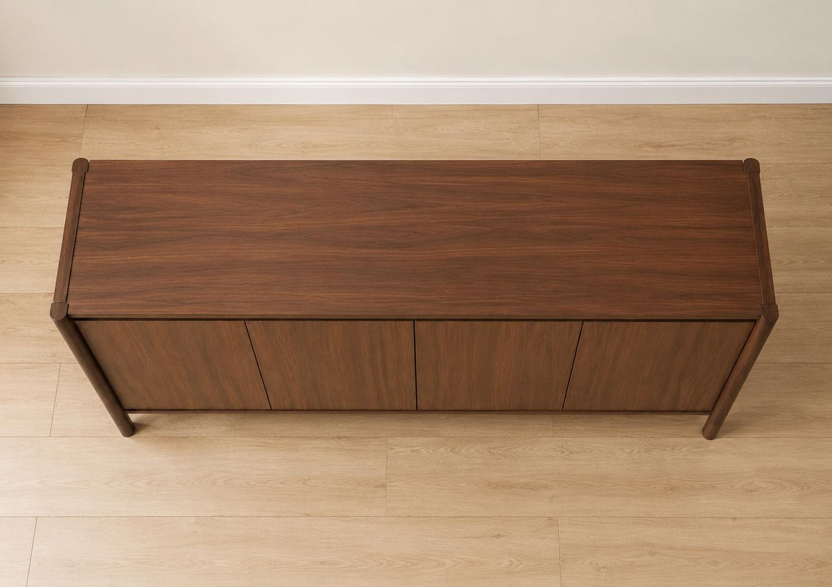 59" Wide Walnut Buffet Cabinet with Storage, Mid Century Modern Sideboard Cabinet with 4 Doors & Adjustable Shelves