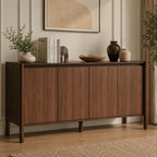 59" Wide Walnut Buffet Cabinet with Storage, Mid Century Modern Sideboard Cabinet with 4 Doors & Adjustable Shelves