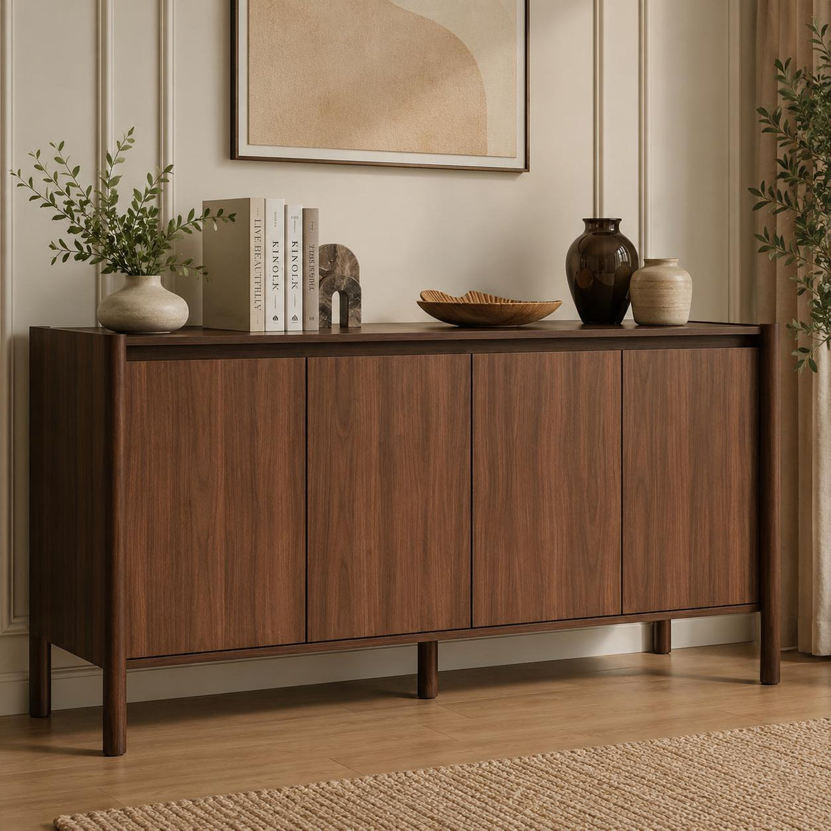 59" Wide Walnut Buffet Cabinet with Storage, Mid Century Modern Sideboard Cabinet with 4 Doors & Adjustable Shelves
