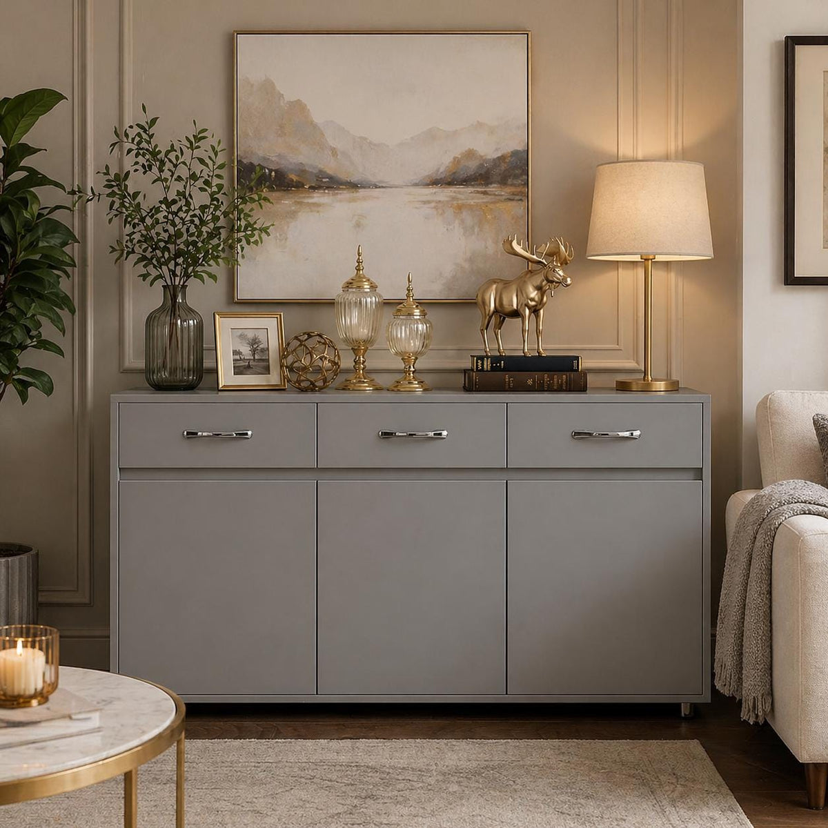 Modern Grey Buffet Sideboard Cabinet – 3 Doors, 3 Drawers, Kitchen Storage Cupboard