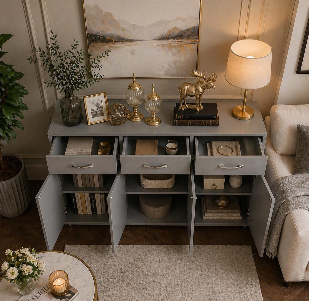 Modern Grey Buffet Sideboard Cabinet – 3 Doors, 3 Drawers, Kitchen Storage Cupboard