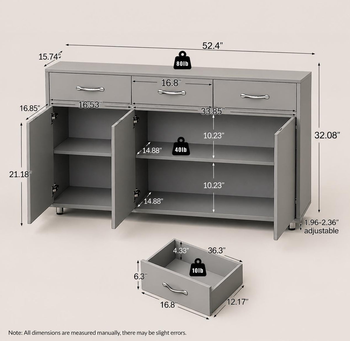 Modern Grey Buffet Sideboard Cabinet – 3 Doors, 3 Drawers, Kitchen Storage Cupboard