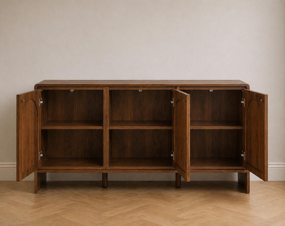 Arched Wood Sideboard Cabinet – Slatted Mid-Century Storage Buffet Console