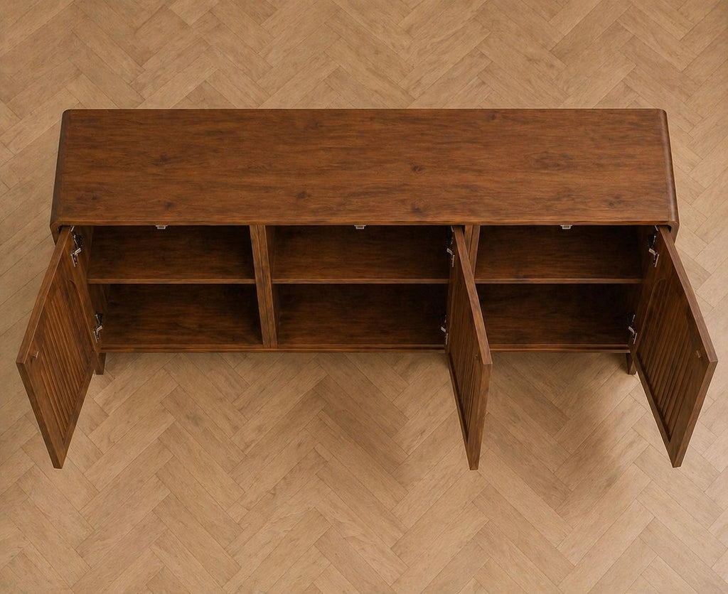 Arched Wood Sideboard Cabinet – Slatted Mid-Century Storage Buffet Console
