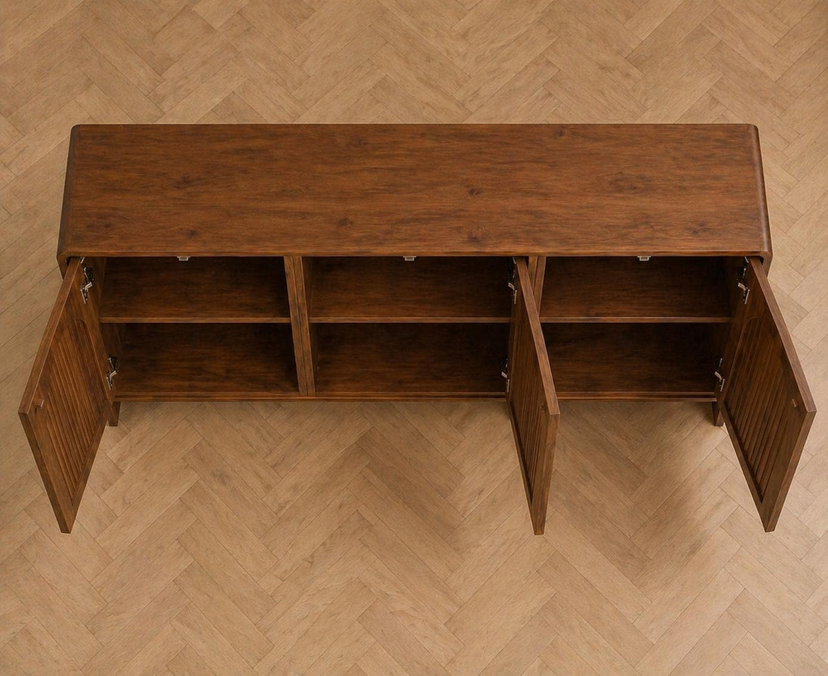 Arched Wood Sideboard Cabinet – Slatted Mid-Century Storage Buffet Console