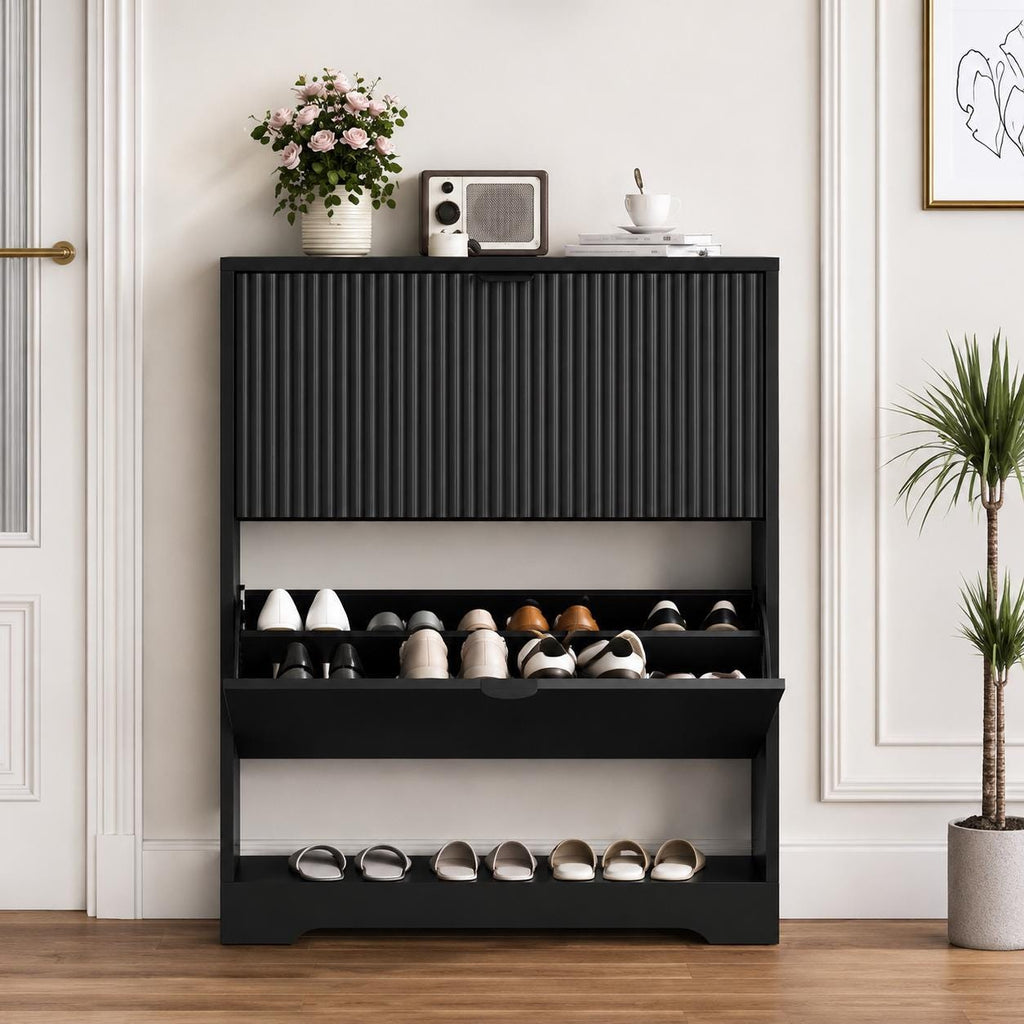 Black Fluted Shoe Cabinet, Slim Entryway Storage, 4 Flip Drawers, Adjustable Shelves
