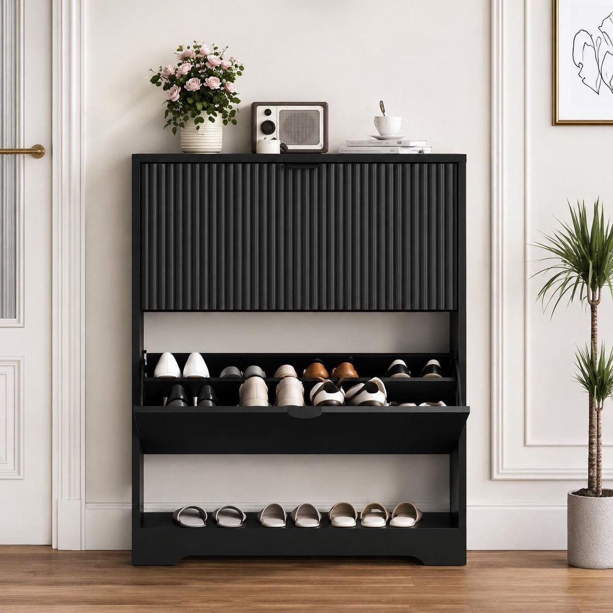 Black Fluted Shoe Cabinet, Slim Entryway Storage, 4 Flip Drawers, Adjustable Shelves
