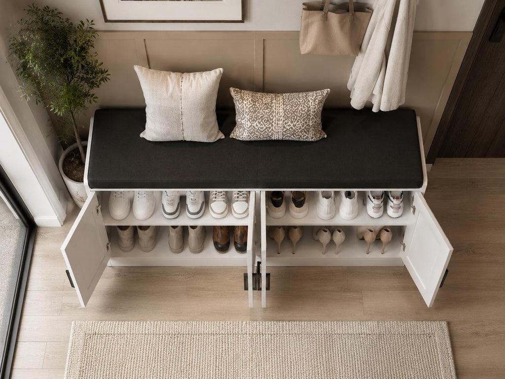 2-Tier Shoe Storage Bench with Cushion, Entryway Shoe Cabinet with 4 Doors & Adjustable Shelves,