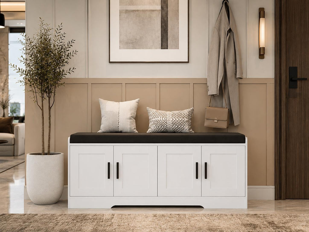 2-Tier Shoe Storage Bench with Cushion, Entryway Shoe Cabinet with 4 Doors & Adjustable Shelves,