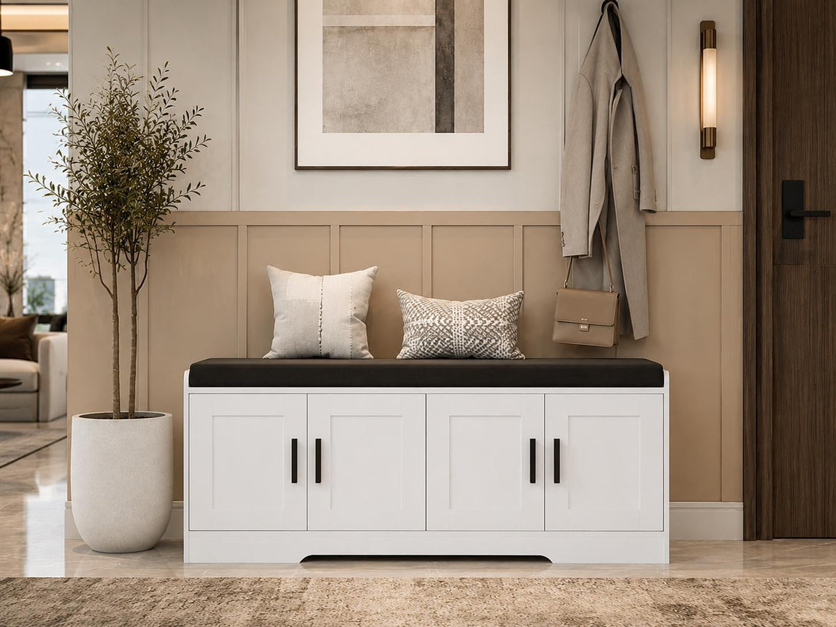 2-Tier Shoe Storage Bench with Cushion, Entryway Shoe Cabinet with 4 Doors & Adjustable Shelves,
