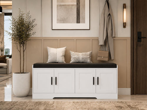 2-Tier Shoe Storage Bench with Cushion, Entryway Shoe Cabinet with 4 Doors & Adjustable Shelves,
