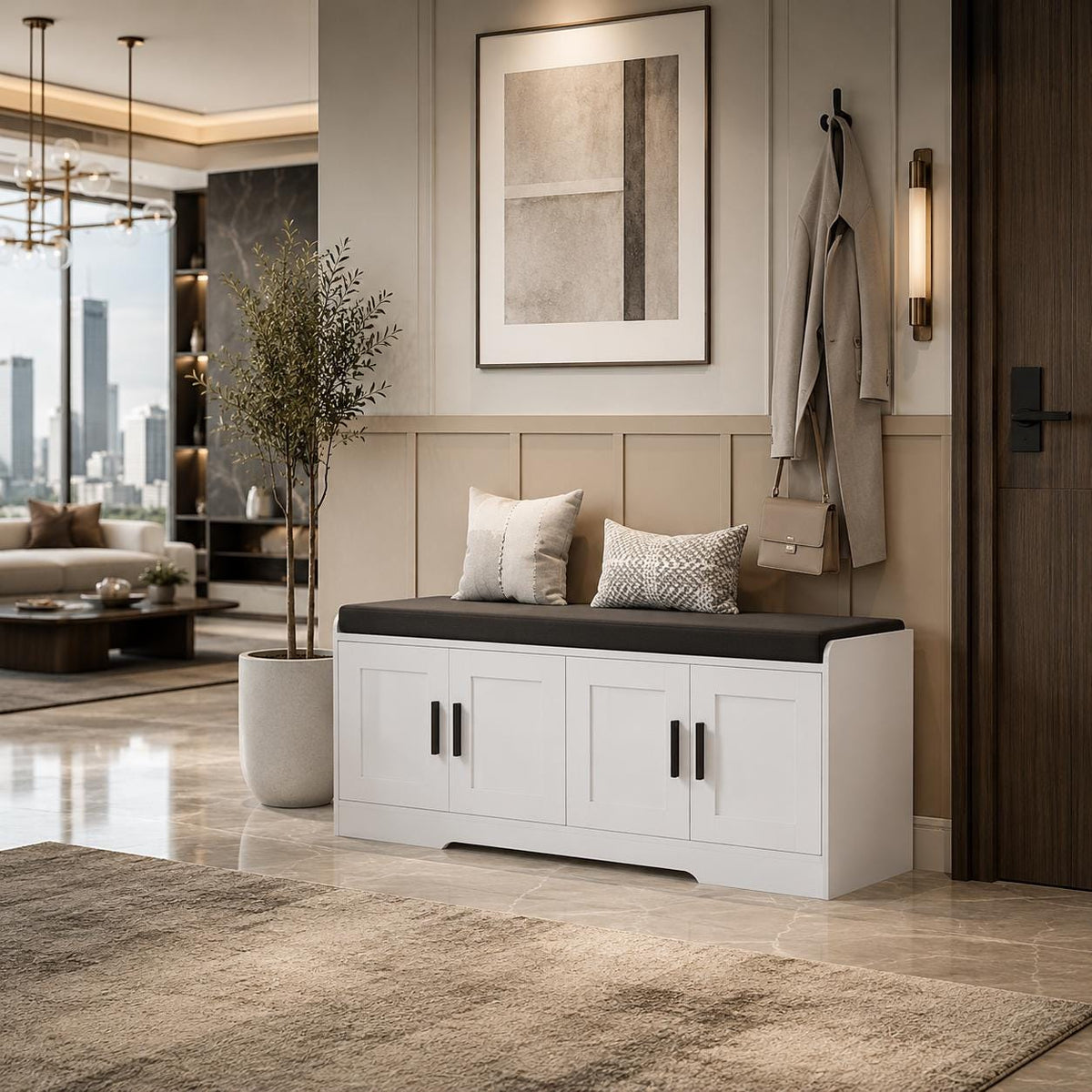 2-Tier Shoe Storage Bench with Cushion, Entryway Shoe Cabinet with 4 Doors & Adjustable Shelves,
