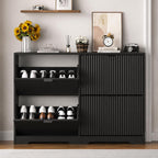 Black Fluted Shoe Cabinet, Slim Entryway Storage, 4 Flip Drawers, Adjustable Shelves