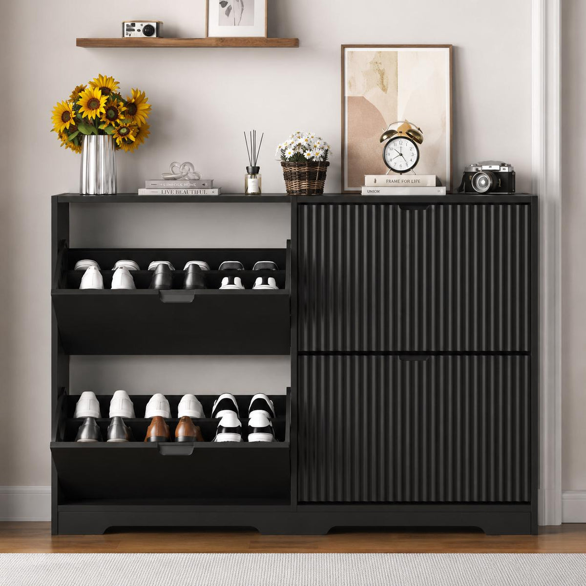 Black Fluted Shoe Cabinet, Slim Entryway Storage, 4 Flip Drawers, Adjustable Shelves