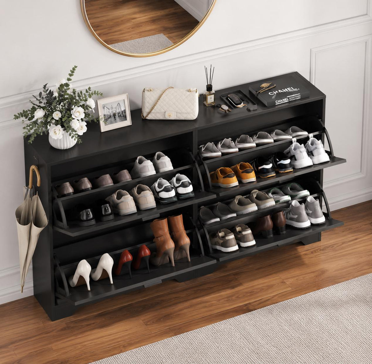 Black Fluted Shoe Cabinet, Slim Entryway Storage, 4 Flip Drawers, Adjustable Shelves