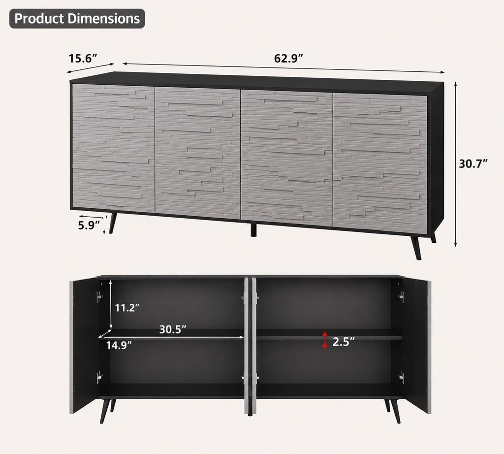 63" Black Grey Fluted Sideboard Cabinet, Modern 4-Door Credenza Storage Buffet