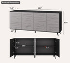 63" Black Grey Fluted Sideboard Cabinet, Modern 4-Door Credenza Storage Buffet