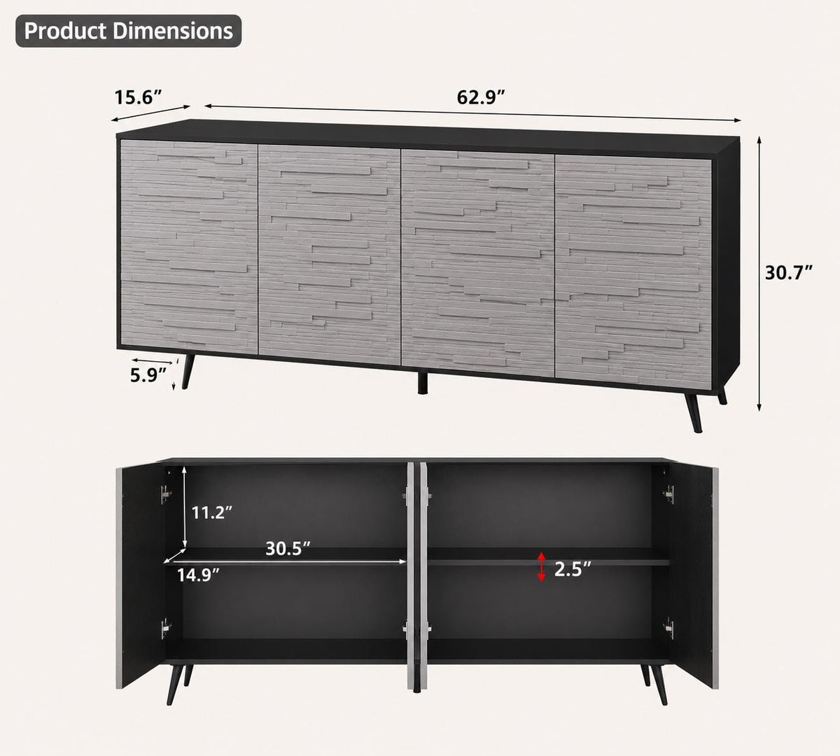 63" Black Grey Fluted Sideboard Cabinet, Modern 4-Door Credenza Storage Buffet