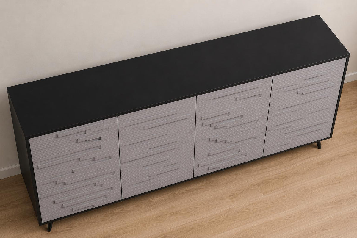 63" Black Grey Fluted Sideboard Cabinet, Modern 4-Door Credenza Storage Buffet