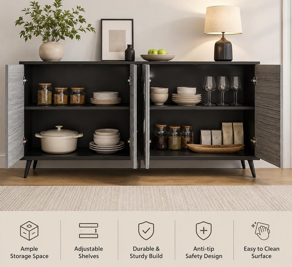 63" Black Grey Fluted Sideboard Cabinet, Modern 4-Door Credenza Storage Buffet