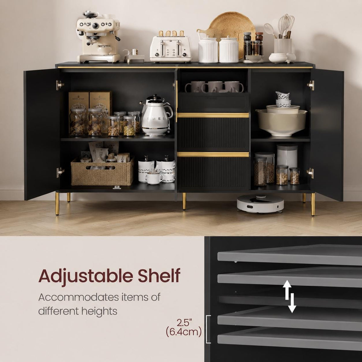 Modern Buffet Cabinet with Storage, Black & Gold Sideboard Cabinet with Fluted Drawers, Adjustable Shelves