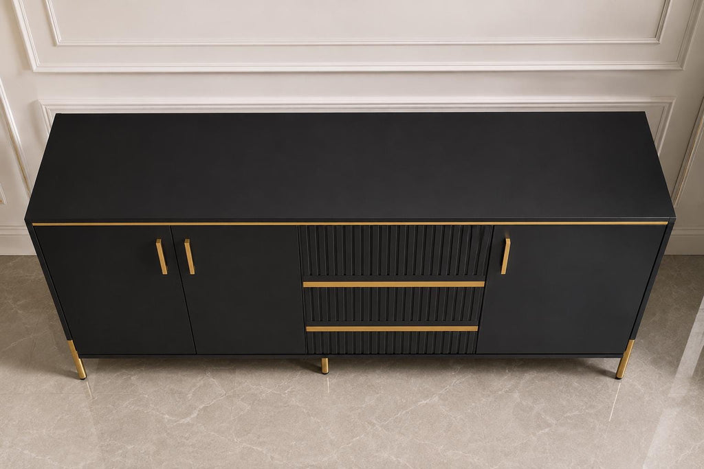 Modern Buffet Cabinet with Storage, Black & Gold Sideboard Cabinet with Fluted Drawers, Adjustable Shelves