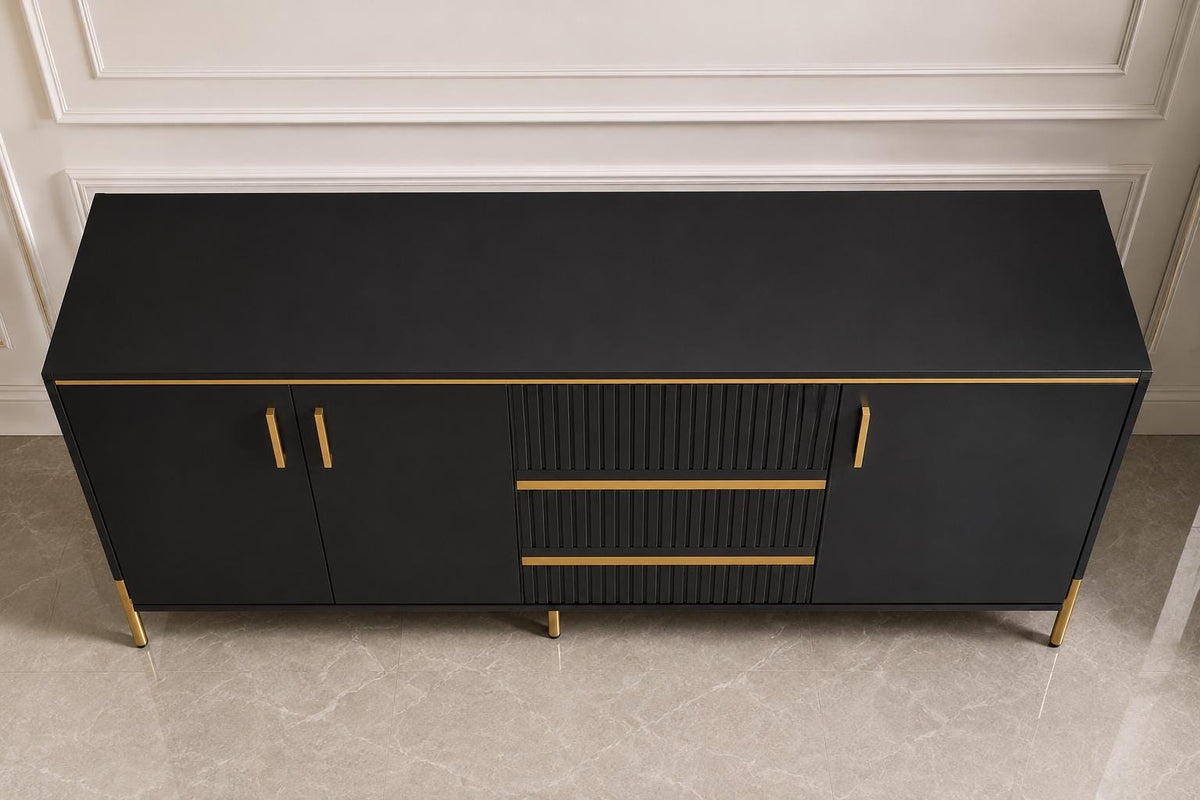 Modern Buffet Cabinet with Storage, Black & Gold Sideboard Cabinet with Fluted Drawers, Adjustable Shelves