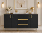 Modern Buffet Cabinet with Storage, Black & Gold Sideboard Cabinet with Fluted Drawers, Adjustable Shelves