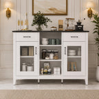 Modern Black Sideboard Cabinet with Faux Marble Top – 2 Drawers, 2 Doors Storage Console