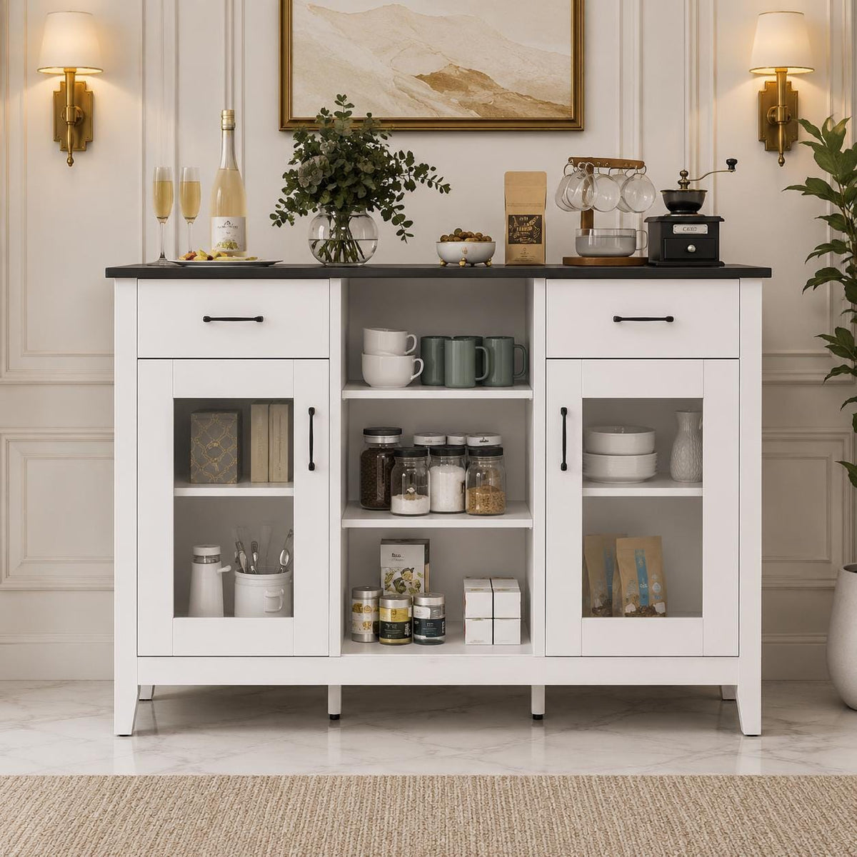 Modern Black Sideboard Cabinet with Faux Marble Top – 2 Drawers, 2 Doors Storage Console