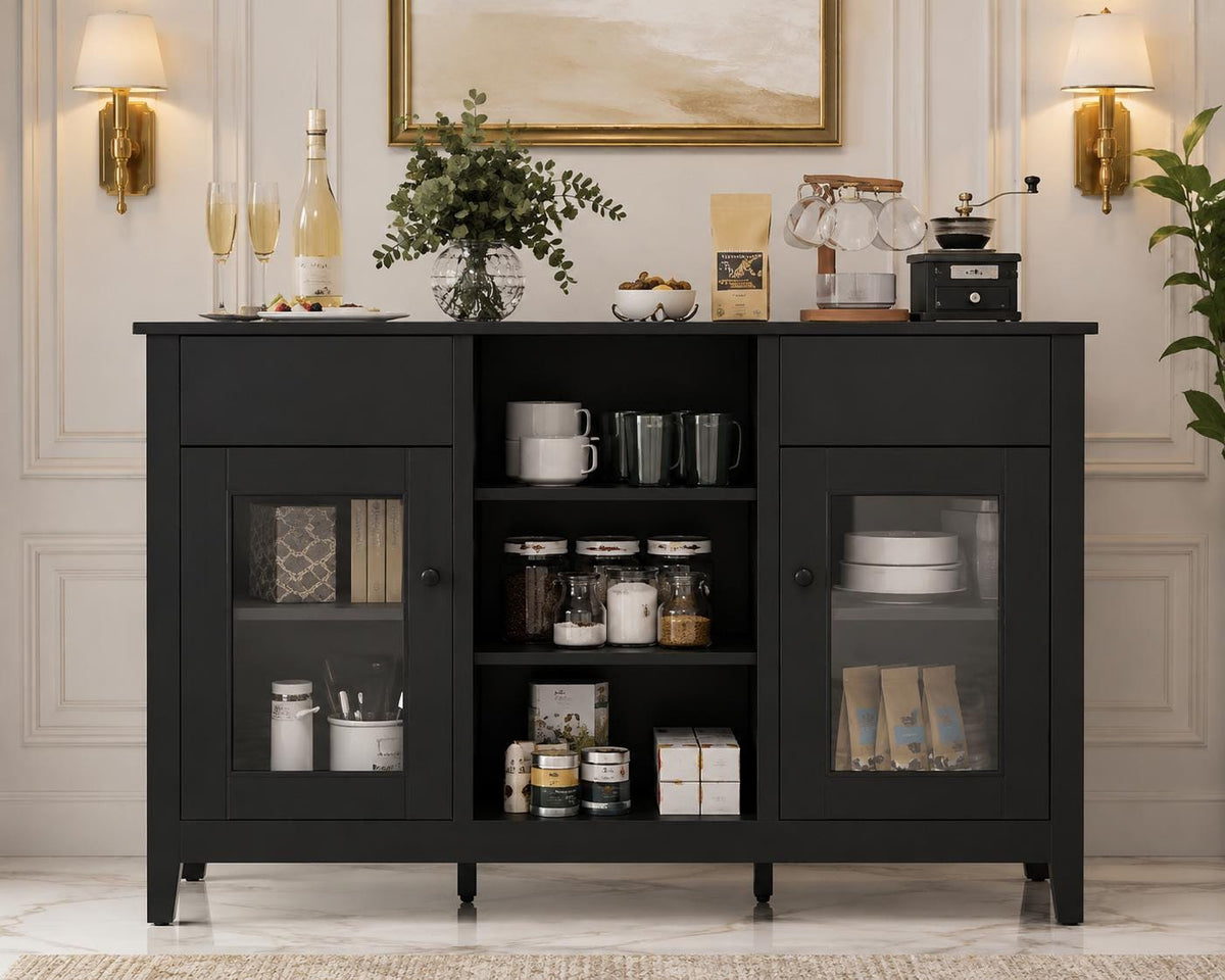 Modern Black Sideboard Cabinet with Faux Marble Top – 2 Drawers, 2 Doors Storage Console