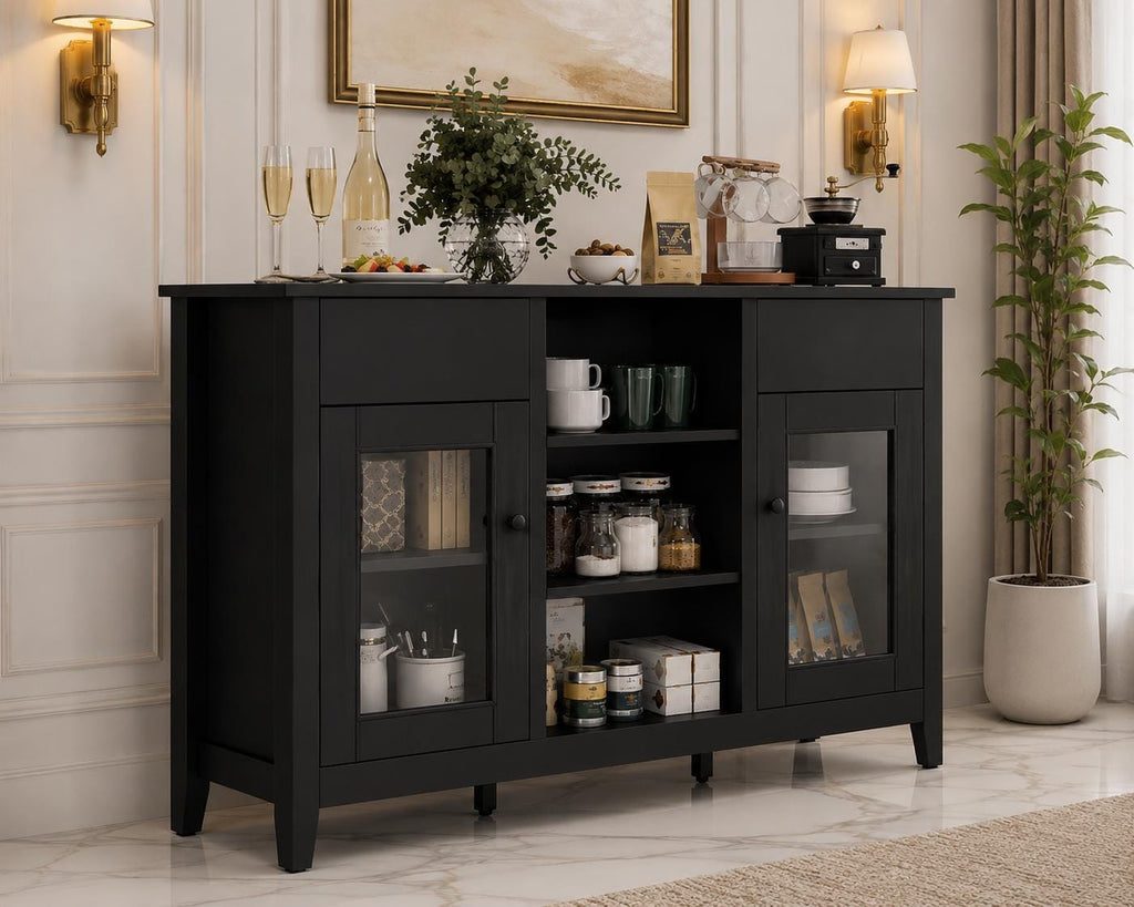 Modern Black Sideboard Cabinet with Faux Marble Top – 2 Drawers, 2 Doors Storage Console