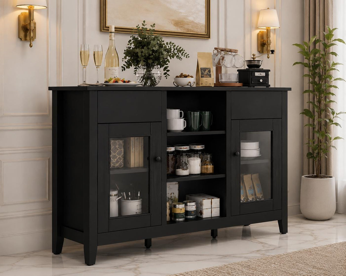 Modern Black Sideboard Cabinet with Faux Marble Top – 2 Drawers, 2 Doors Storage Console