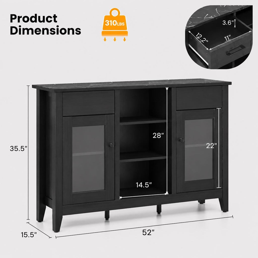 Modern Black Sideboard Cabinet with Faux Marble Top – 2 Drawers, 2 Doors Storage Console