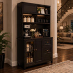 71" Tall Kitchen Pantry Cabinet with Microwave Shelf & Built-in Charging Station – Black