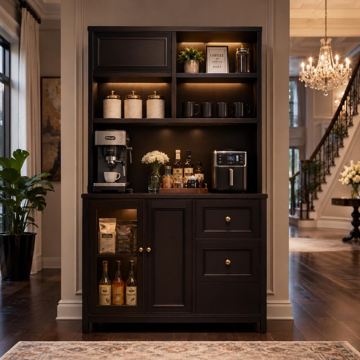 71" Tall Kitchen Pantry Cabinet with Microwave Shelf & Built-in Charging Station – Black