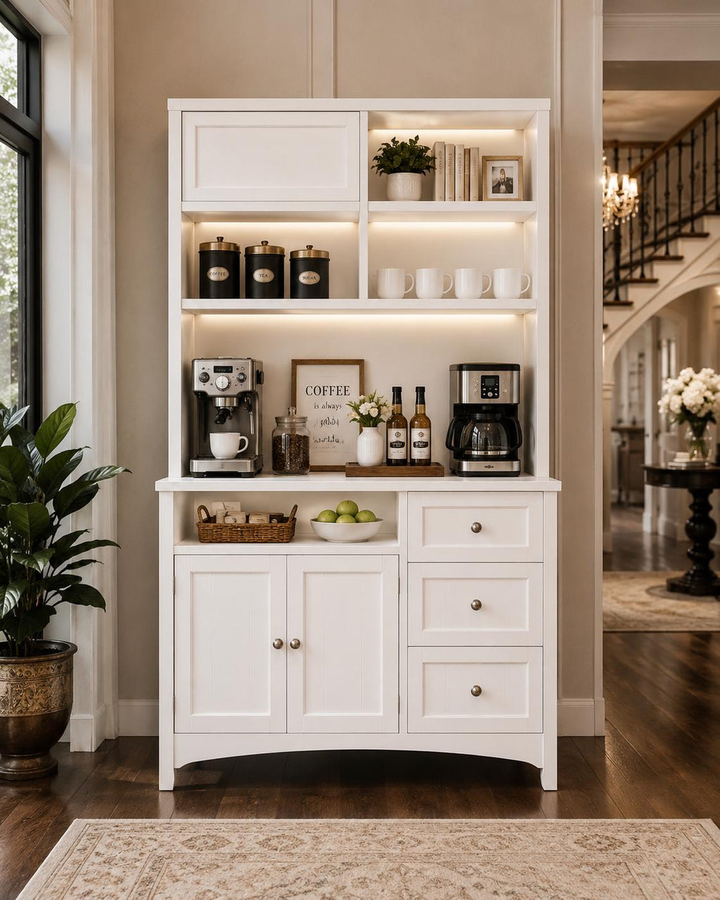 71" Tall Kitchen Pantry Cabinet with Microwave Shelf & Built-in Charging Station – Black