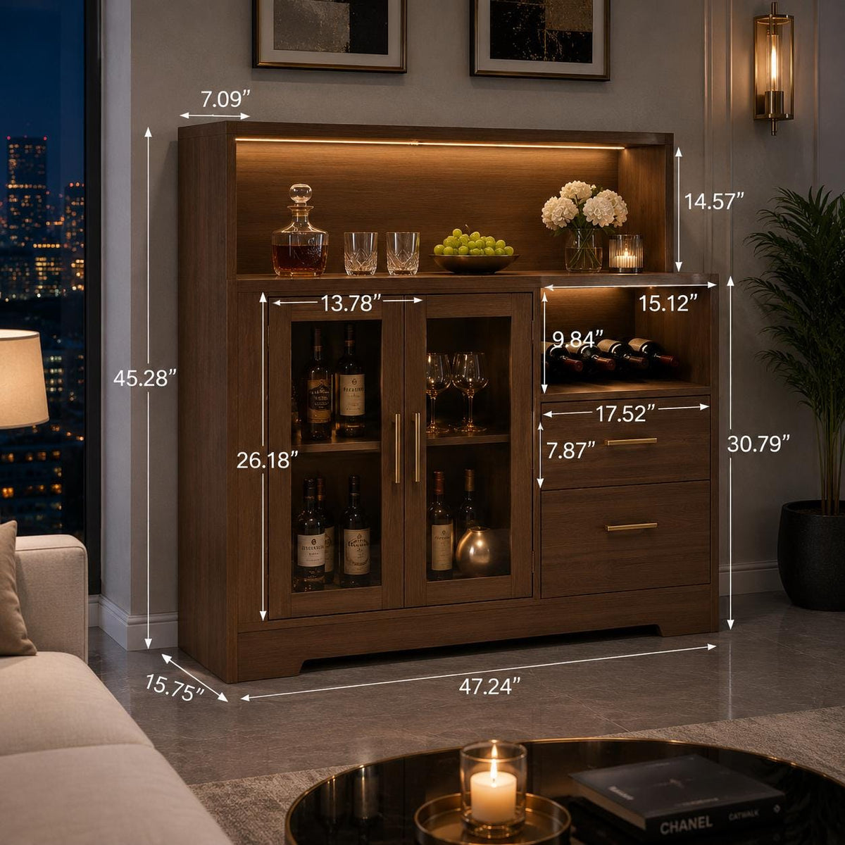 Wine Bar Cabinet with LED Light & Charging Station, Home Coffee Bar Cabinet with Wine Rack and Glass Holder