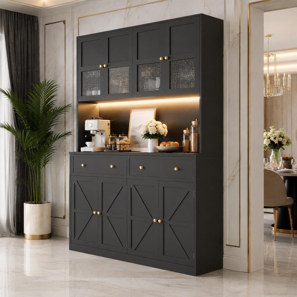 71" Farmhouse Kitchen Pantry Cabinet with LED Light & Charging Station, Large Food Storage Cabinet with Microwave Shelf, 47.2"