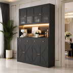 71" Farmhouse Kitchen Pantry Cabinet with LED Light & Charging Station, Large Food Storage Cabinet with Microwave Shelf, 47.2"
